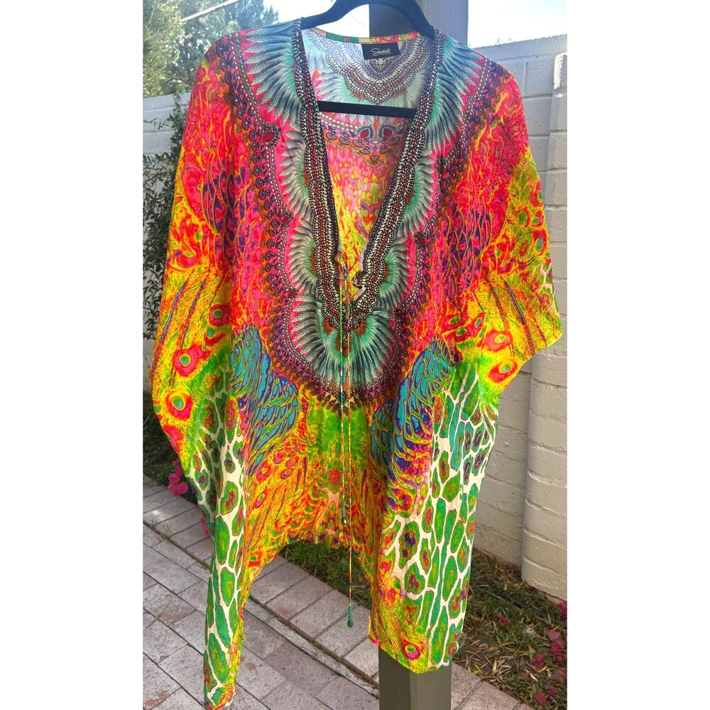 Shahida Parides Women's Floral Printed Caftan Dress OSFM 100% Viscose Crepe Silk